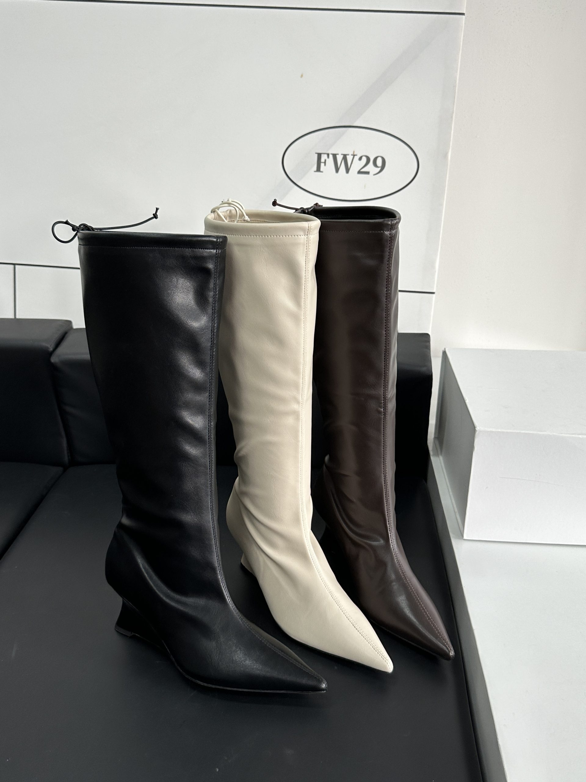 2024 Autumn Winter New Pointed Toe Slim Slope Heel Mid Calf High Heel Thick Sole High Boots Women