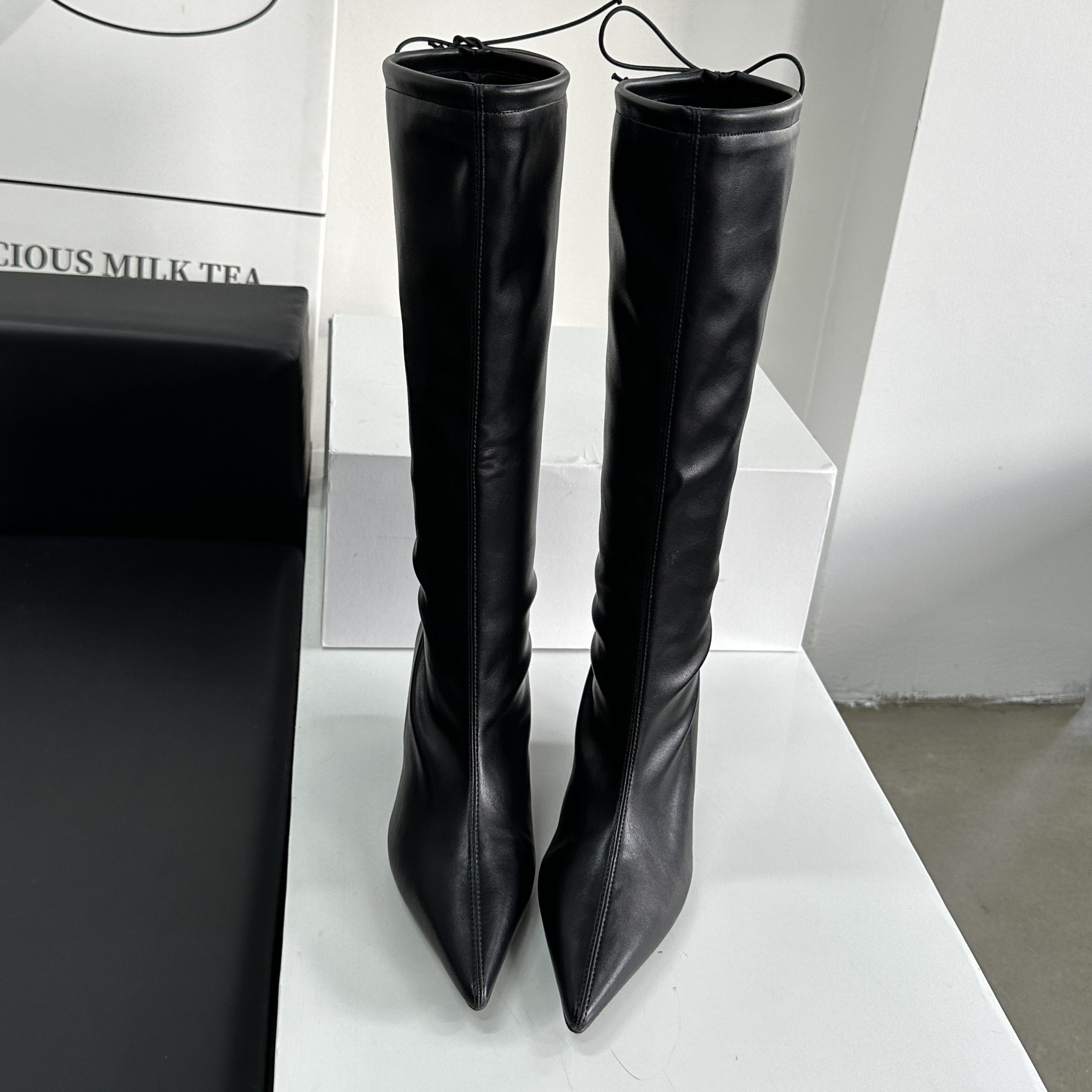 2024 Autumn Winter New Pointed Toe Slim Slope Heel Mid Calf High Heel Thick Sole High Boots Women