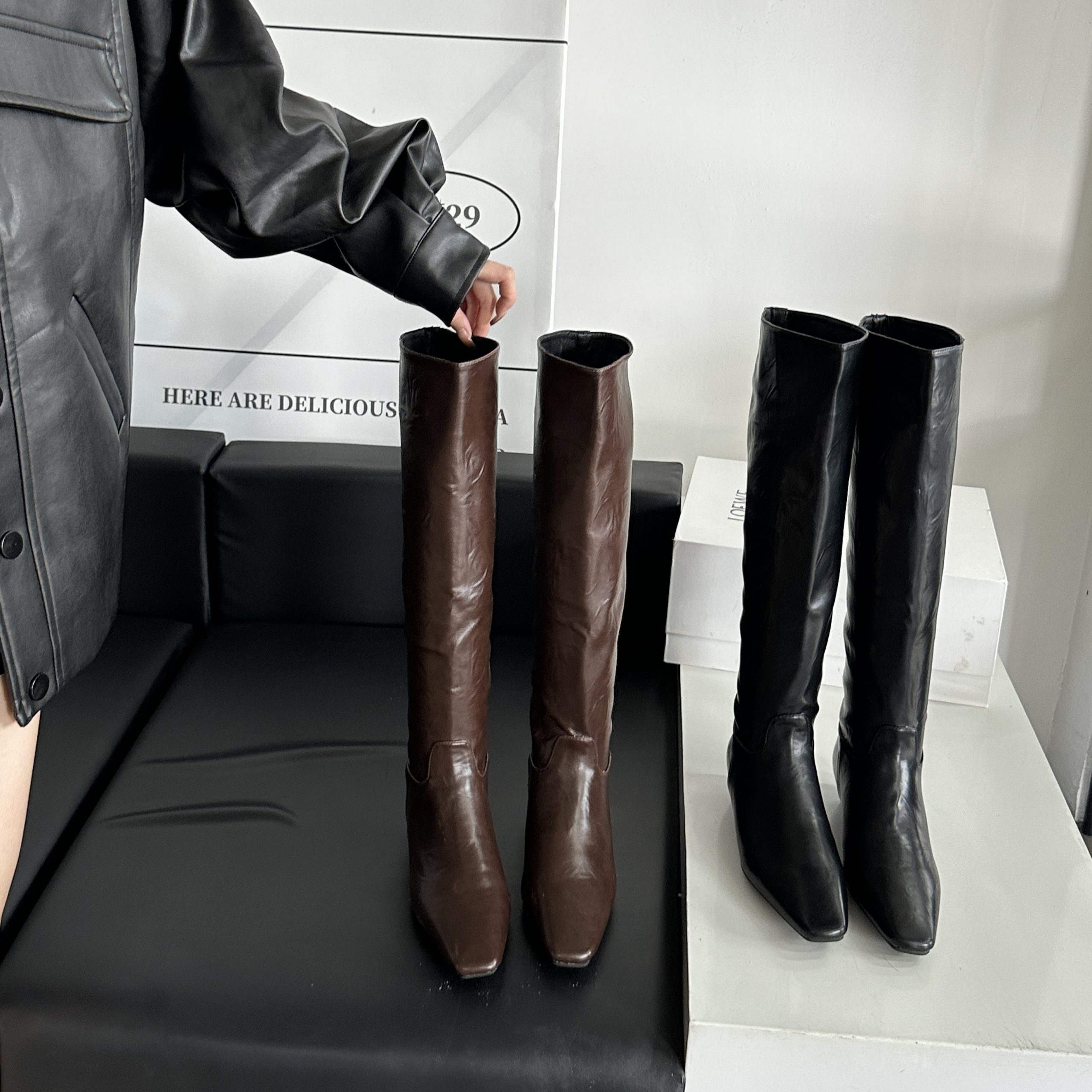 2024 Autumn Winter New Square Toe Mid Heel Short Boots High Heel Thick Sole Fashion Versatile Over Knee Boots