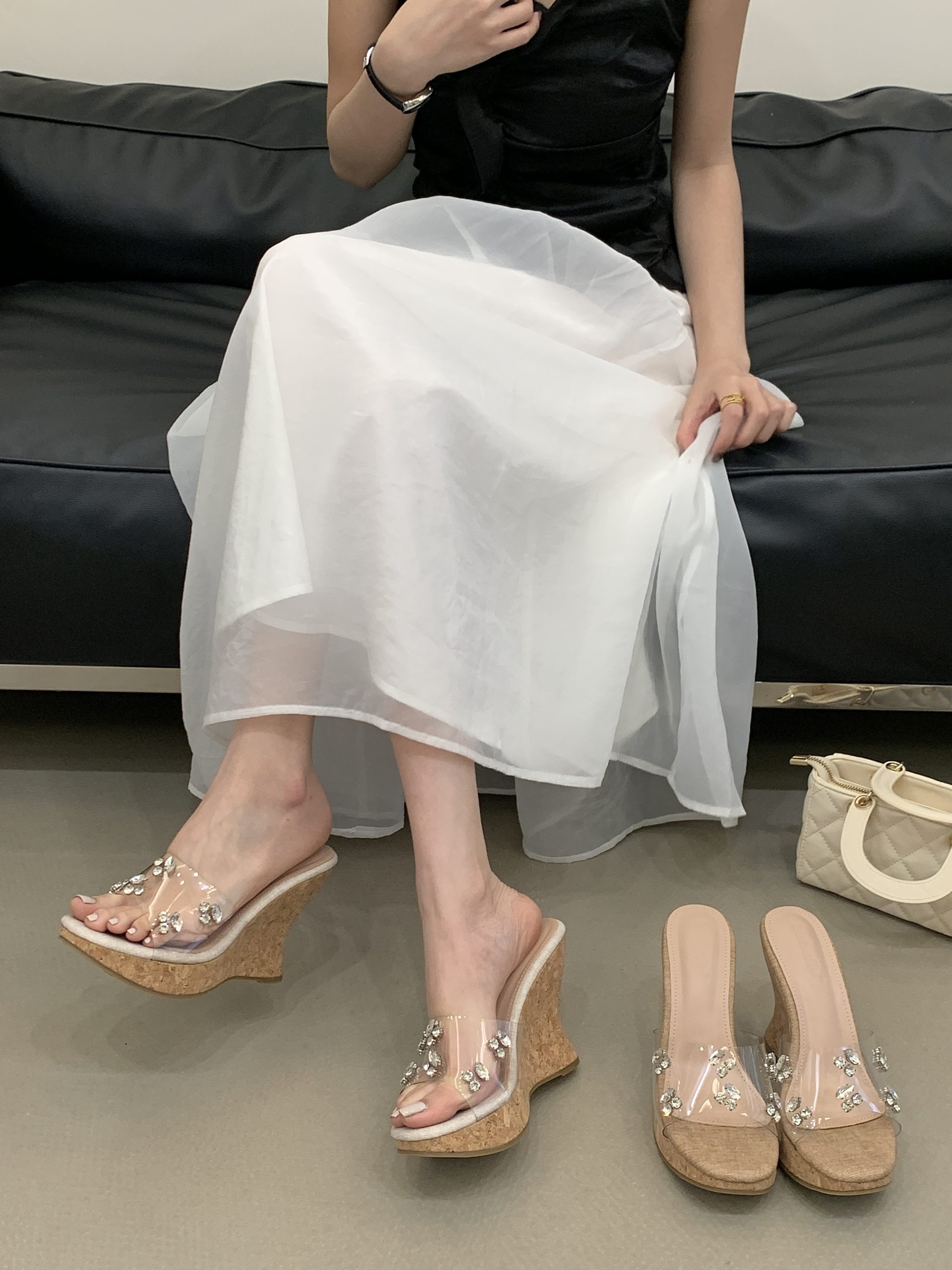 2026 BUBUFLY One-Strap Rhinestone Platform Wedge Sandals Thick Sole 10CM Khaki Apricot Women's Summer Shoes
