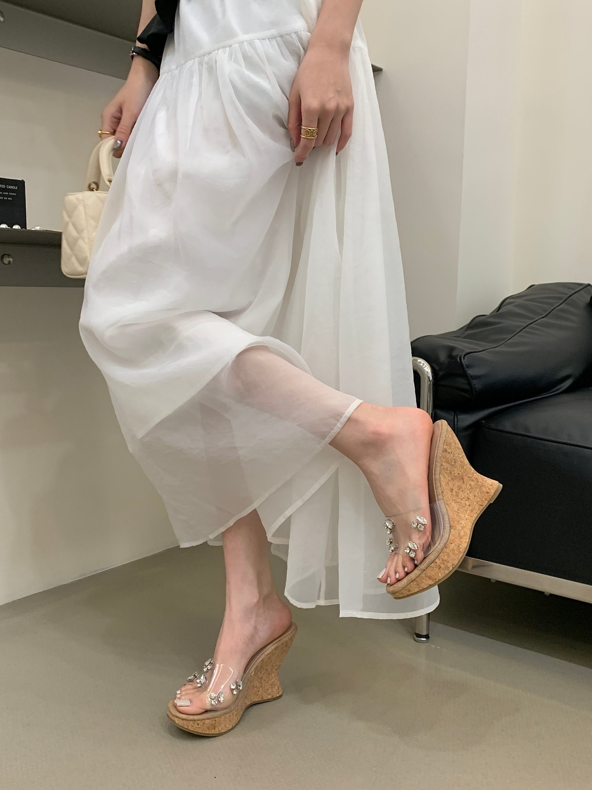 2026 BUBUFLY One-Strap Rhinestone Platform Wedge Sandals Thick Sole 10CM Khaki Apricot Women's Summer Shoes