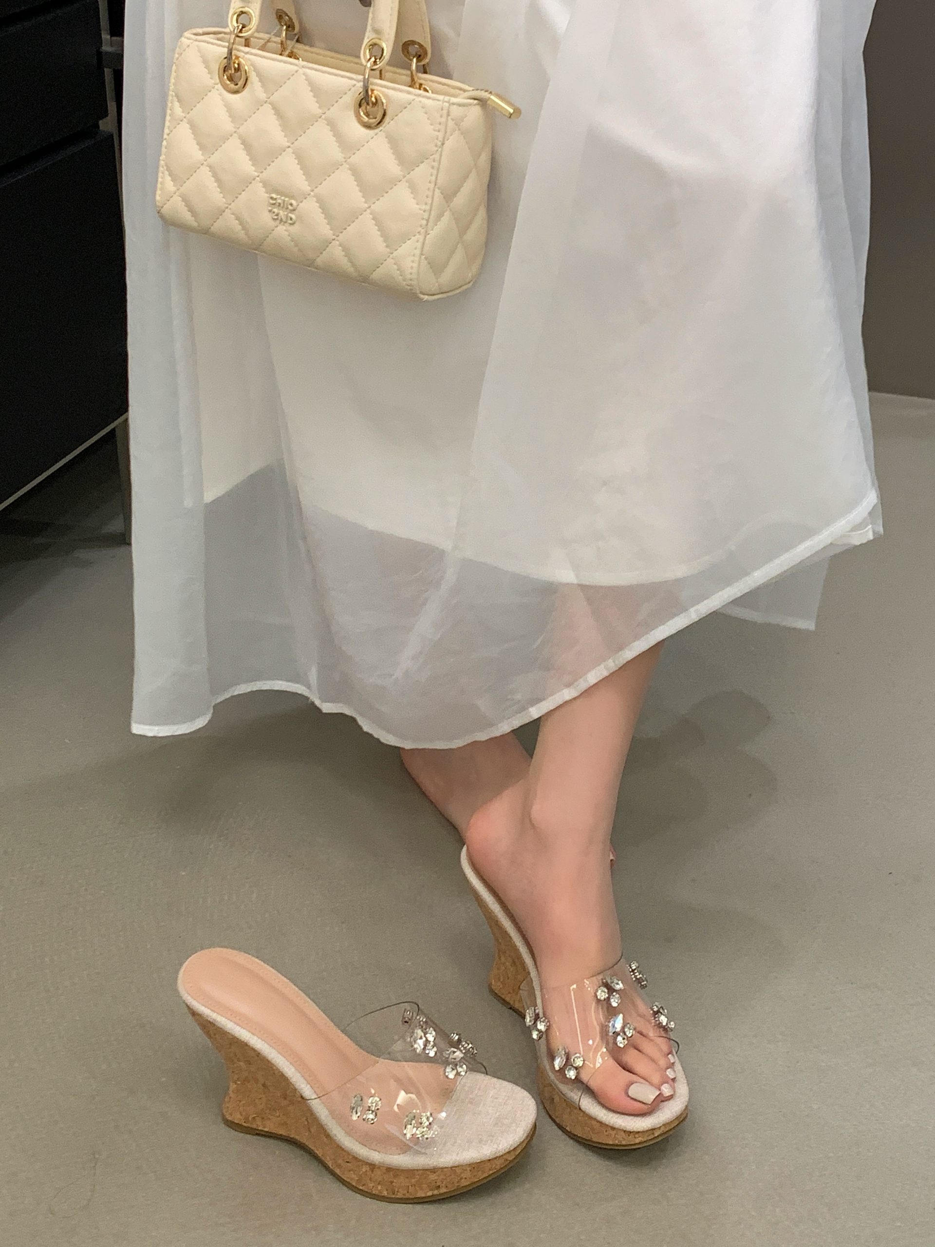 2026 BUBUFLY One-Strap Rhinestone Platform Wedge Sandals Thick Sole 10CM Khaki Apricot Women's Summer Shoes