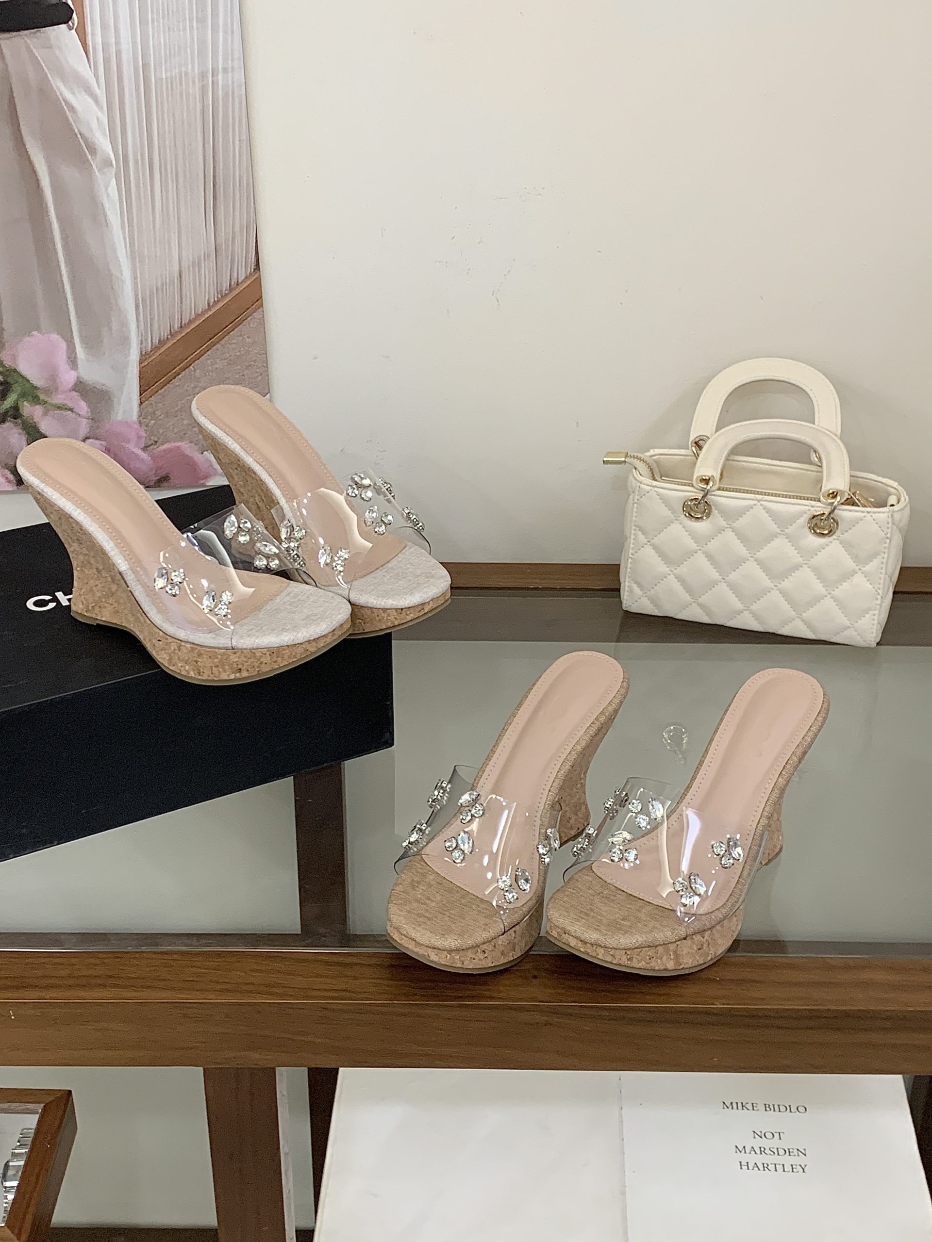 2026 BUBUFLY One-Strap Rhinestone Platform Wedge Sandals Thick Sole 10CM Khaki Apricot Women's Summer Shoes