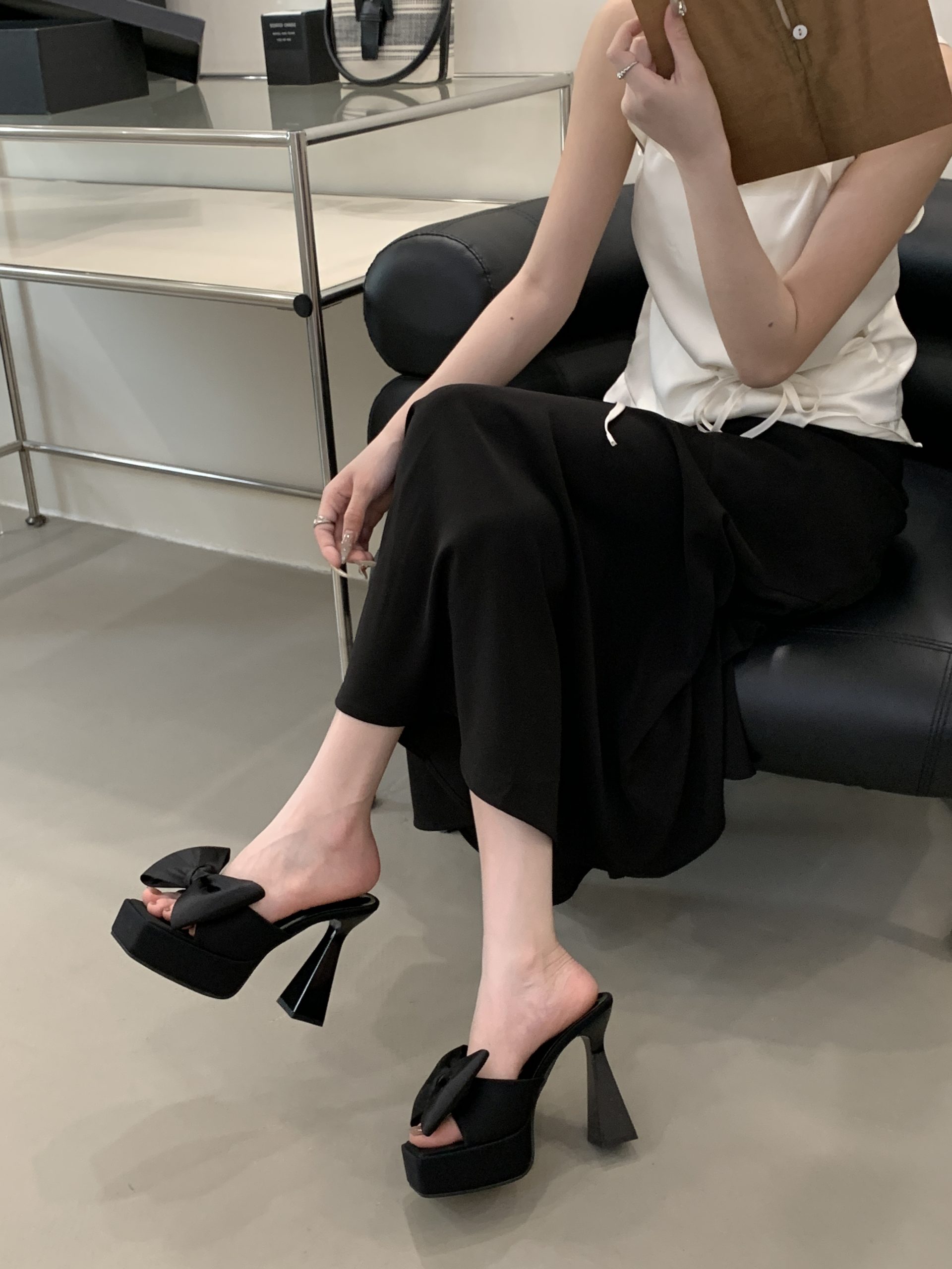 2026 New BUBUFLY Women's Black Bow Chunky Heel Platform Sandals 12CM