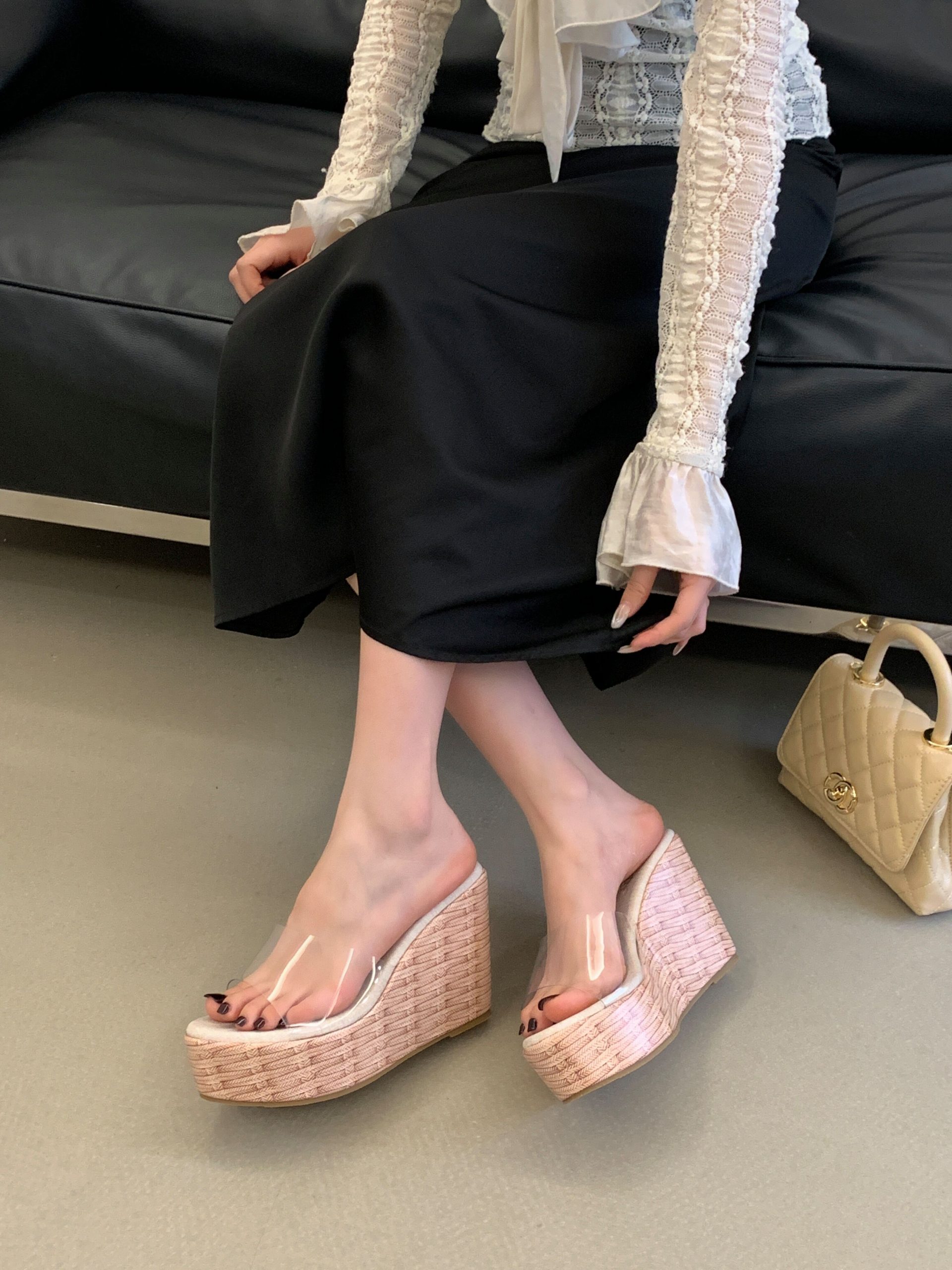 2026 New Summer Platform Wedge Slippers for Women French Style Transparent Strap Slip-On Sandals