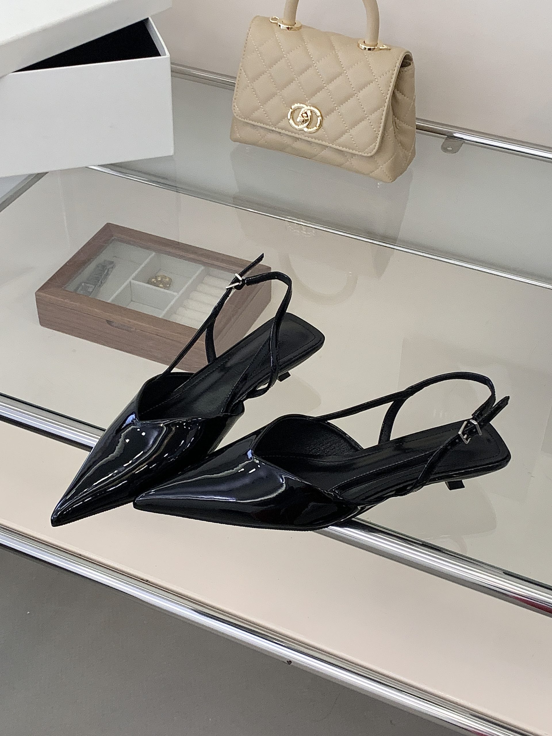 2026 New Summer Women's Patent Leather Kitten Heel Pointed Toe Slingback Shoes with Buckle Strap Comfortable Sexy