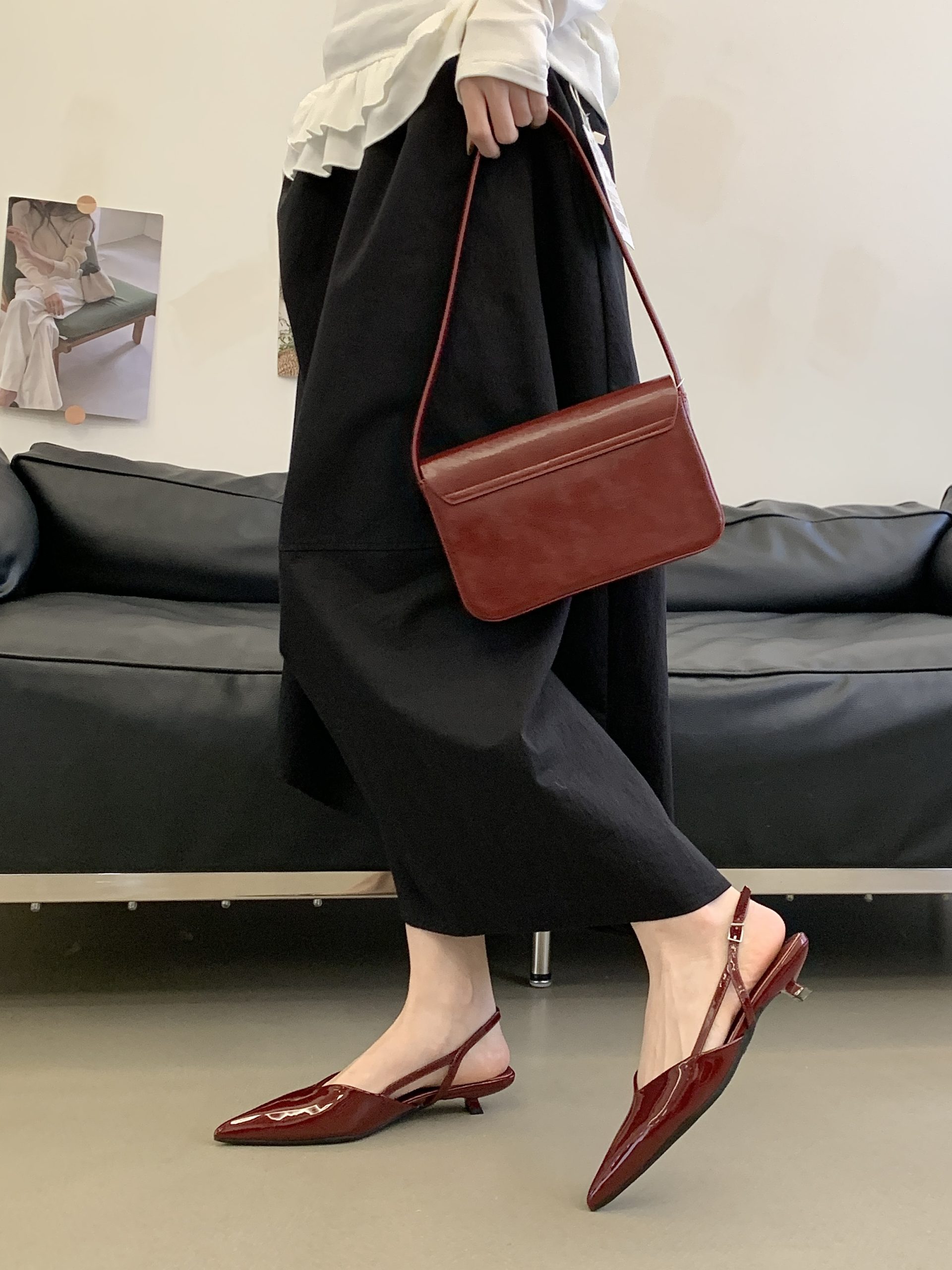 2026 New Summer Women's Patent Leather Kitten Heel Pointed Toe Slingback Shoes with Buckle Strap Comfortable Sexy