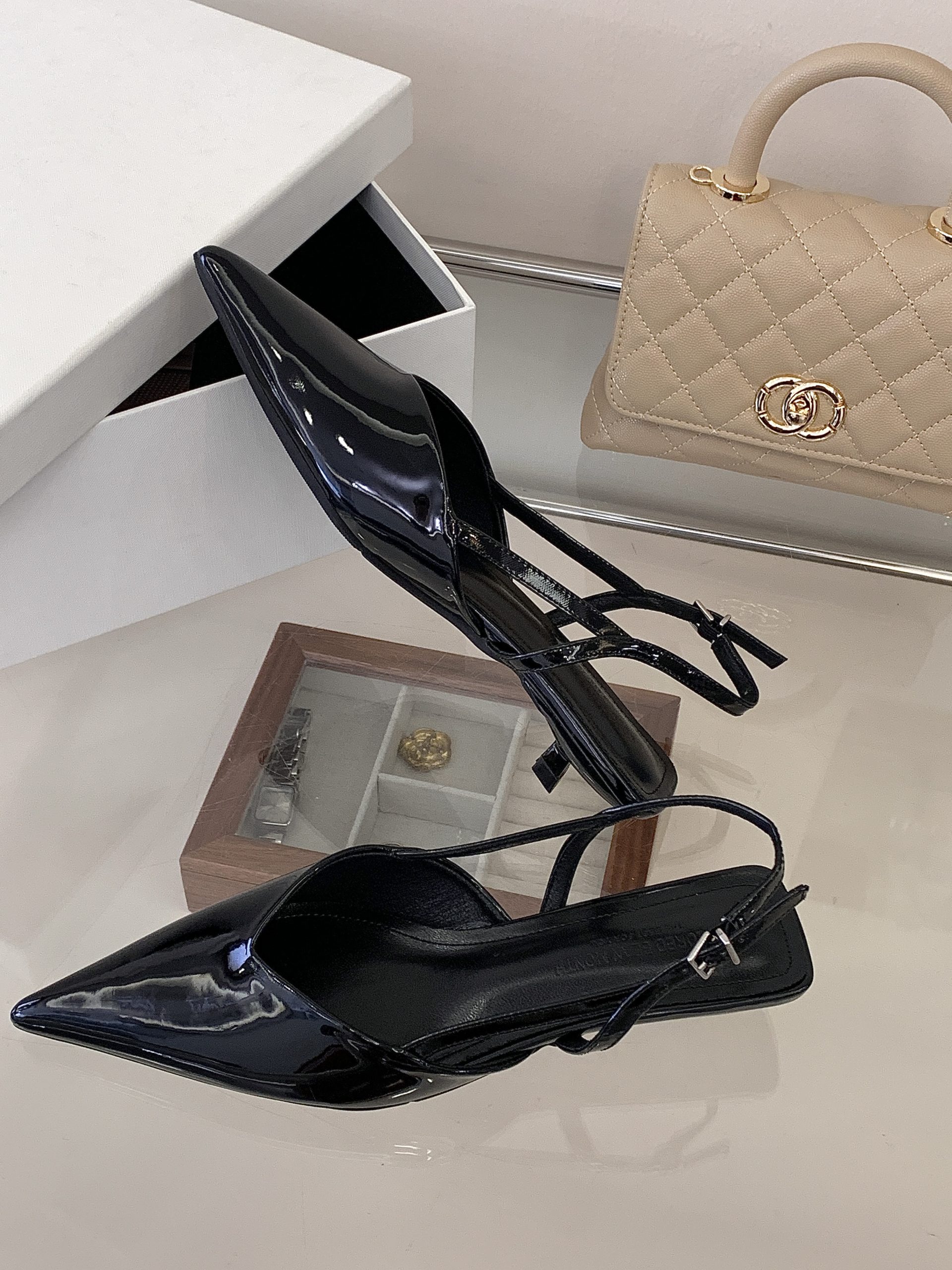 2026 New Summer Women's Patent Leather Kitten Heel Pointed Toe Slingback Shoes with Buckle Strap Comfortable Sexy