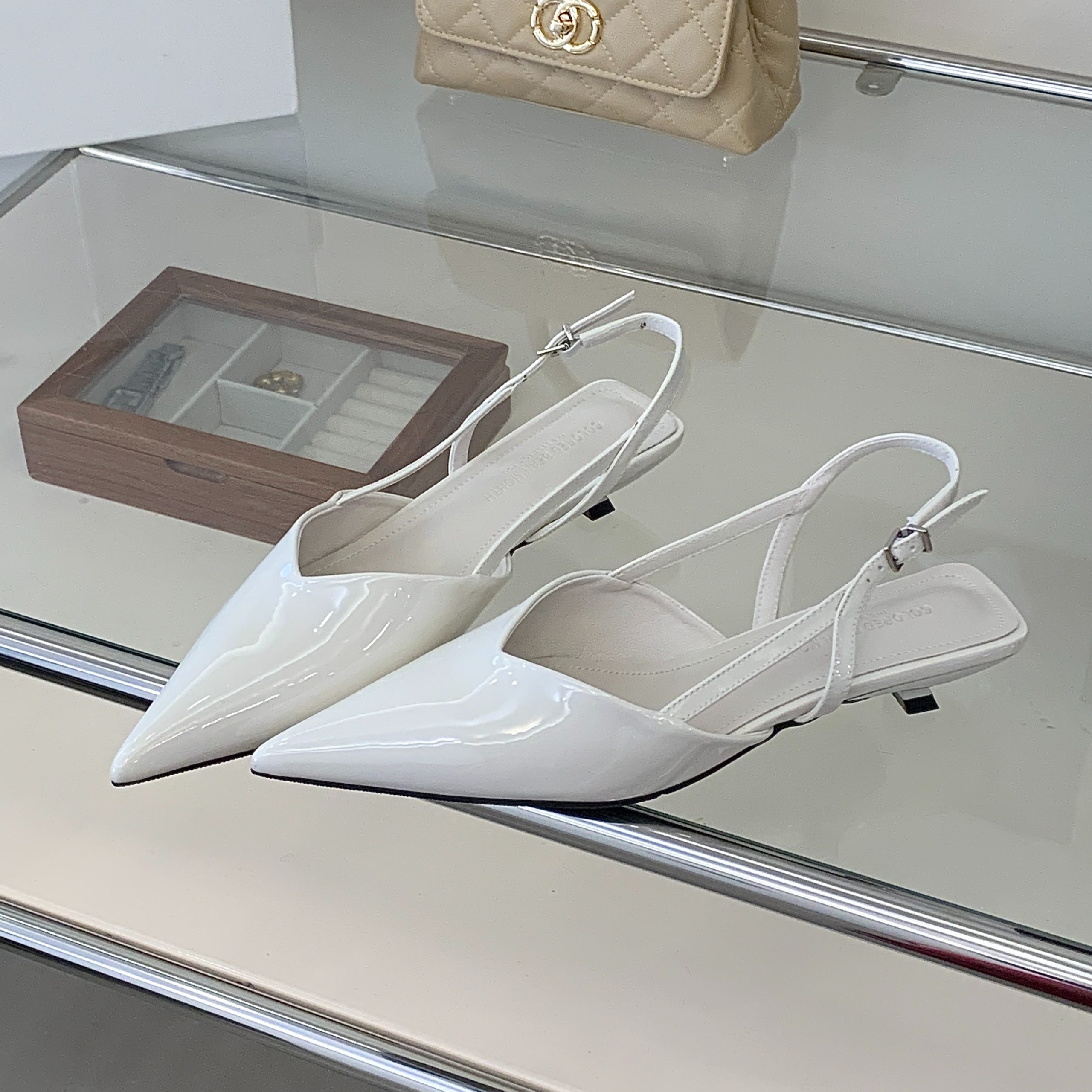 2026 New Summer Women's Patent Leather Kitten Heel Pointed Toe Slingback Shoes with Buckle Strap Comfortable Sexy