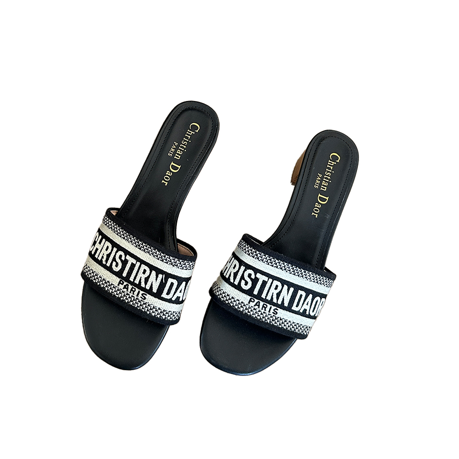 Embroidered Letter Chunky Heel Slippers Women's PU Mid Heel 2024 Spring