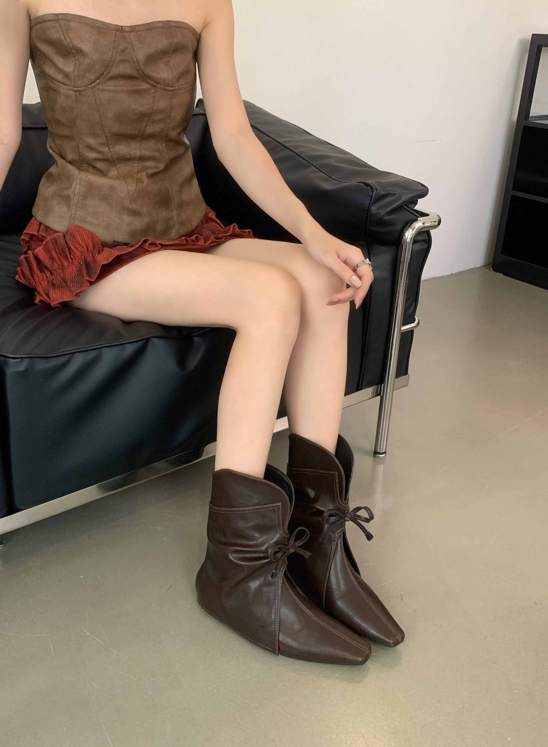 French Style Ankle Boots Women 2024 New Chunky Heel Square Toe Bow Fashion Versatile Slim Boots