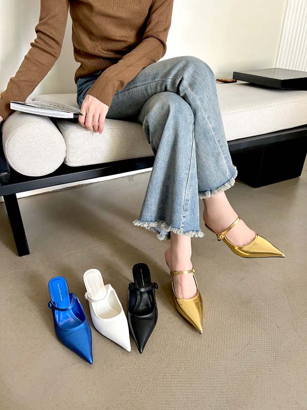 French Style Pointed Toe Open Back Slippers with Thin Heel for Women