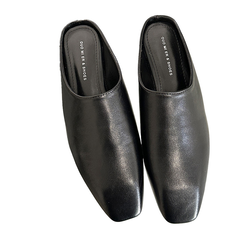 Korean Retro Slip-On Half Slippers for Women - Low Heel PU Leather, Solid Color, Spring 2024