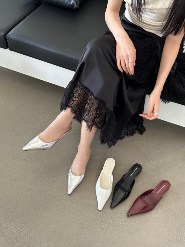 Korean Style Evening Wrap Heel Half Slippers for Women - Pointed Toe Mid Heel PU