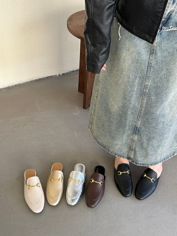 Round Toe Horsebit Buckle Slippers Women Low Heel Flat PU Leather