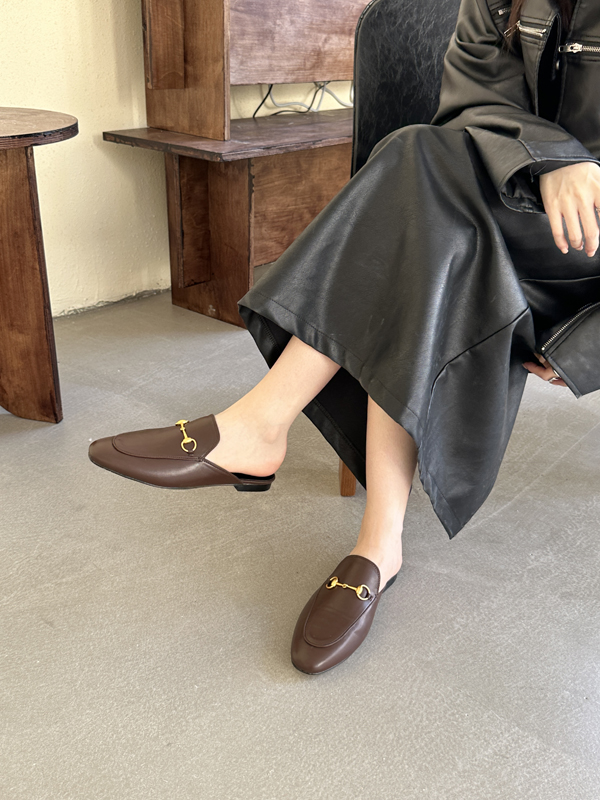 Round Toe Horsebit Buckle Slippers Women Low Heel Flat PU Leather