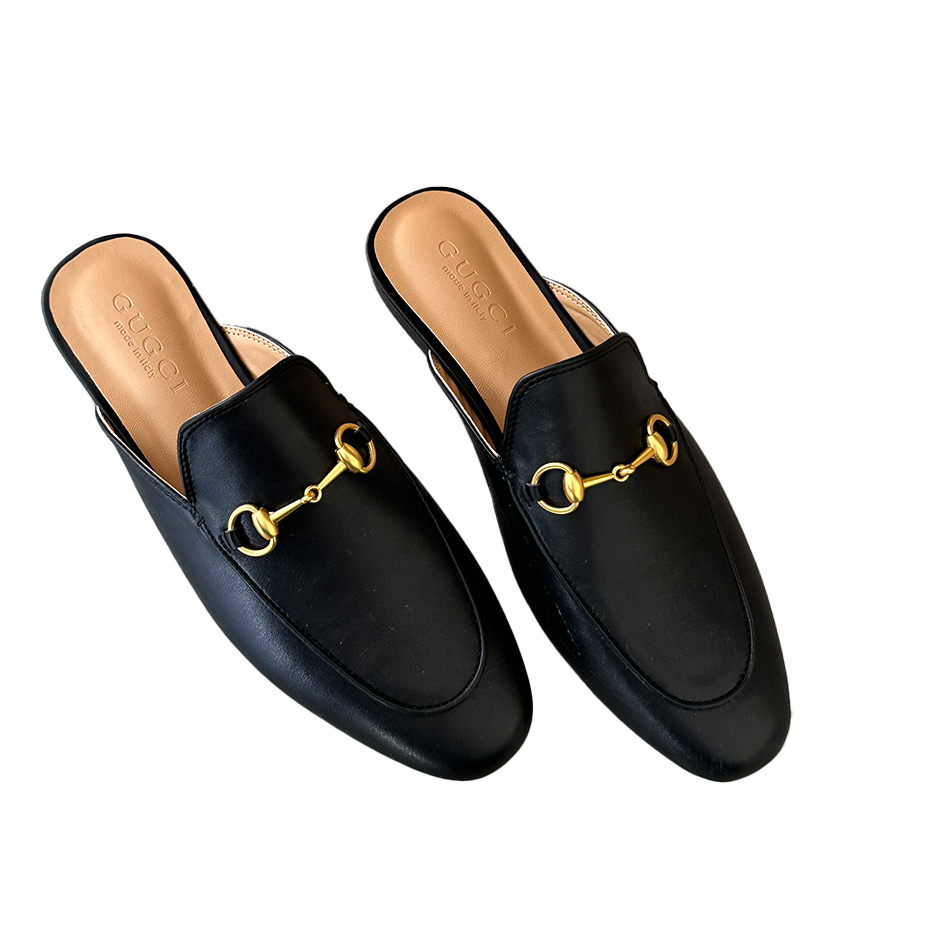 Round Toe Horsebit Buckle Slippers Women Low Heel Flat PU Leather